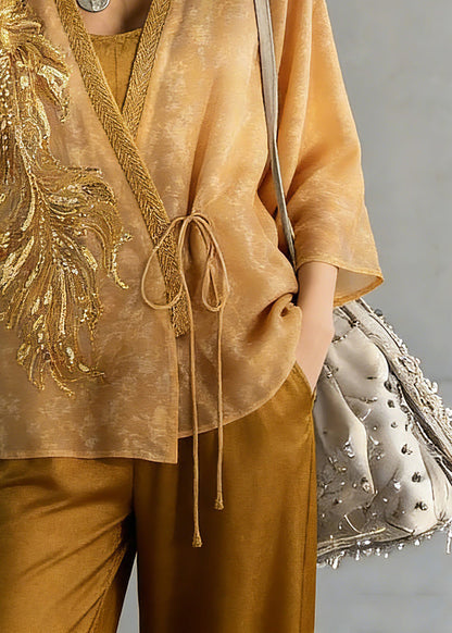 Fine Yellow Embroidered Tie Waist Silk Cardigans Three Quarter Sleeve Sleeve
