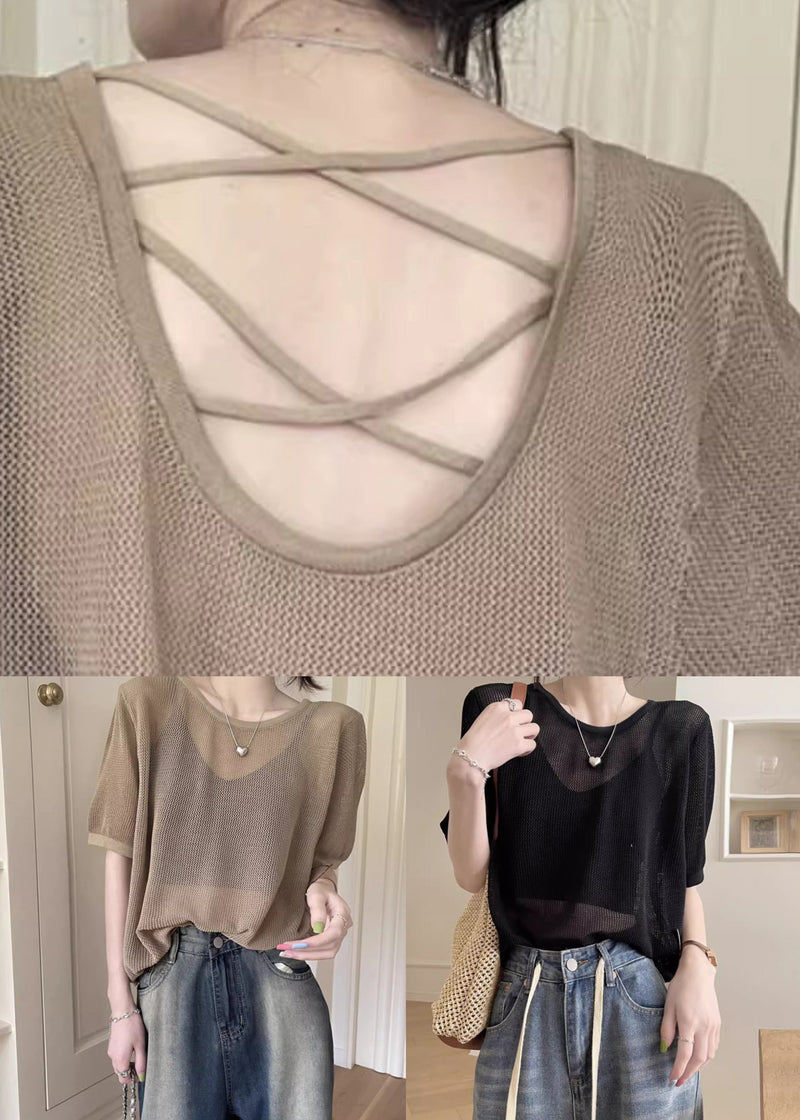 Black Hollow Out Summer Knit T Shirts O Neck