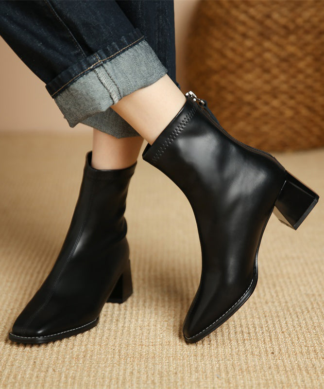 Black Faux Leather Chunky Heel Boots Splicing Zippered