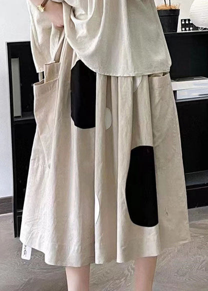 Handmade Khaki Dot Pockets Elastic Waist a Line Skirt Summer