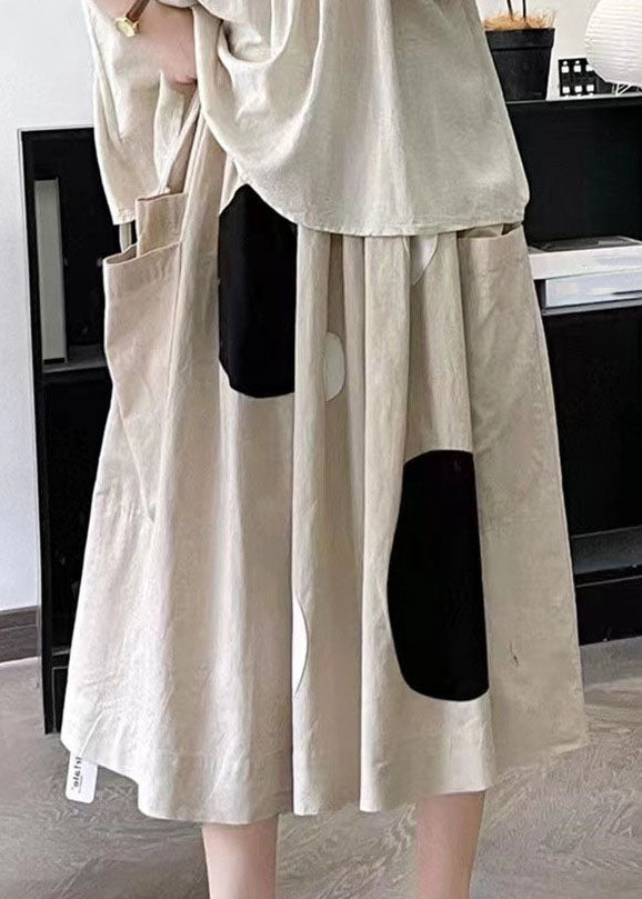 Handmade Khaki Dot Pockets Elastic Waist a Line Skirt Summer