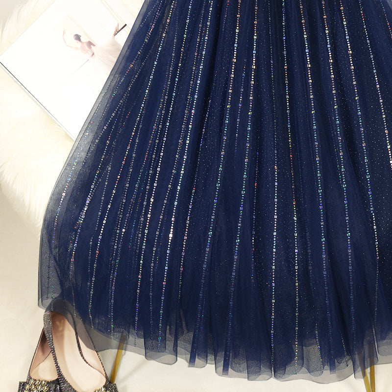 Loose Blue Sequins Tulle Pleated Skirt Summer