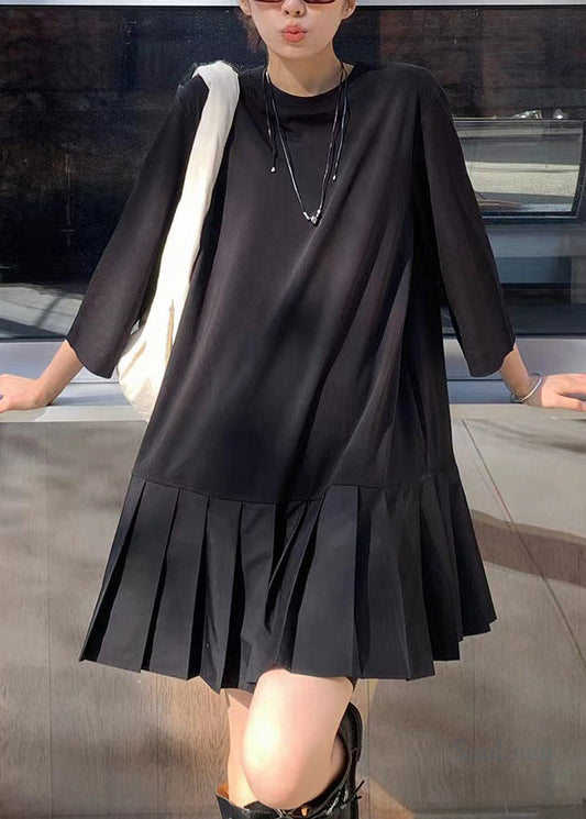 Black Oversized Patchwork Cotton Pleated Dress Bracelet Sleeve