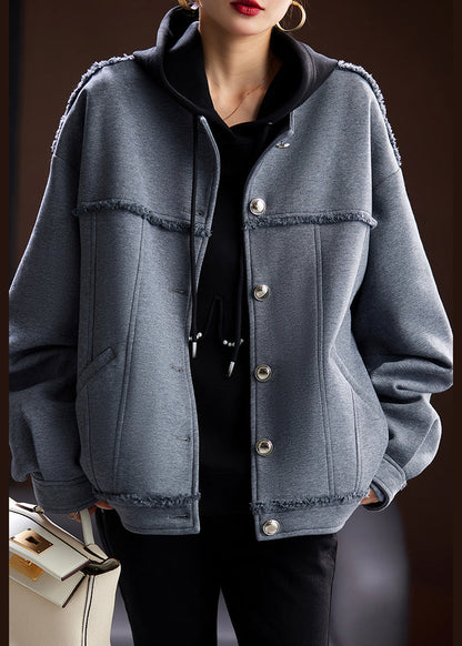 Grey O Neck Button Patchwork Cotton Coat Spring