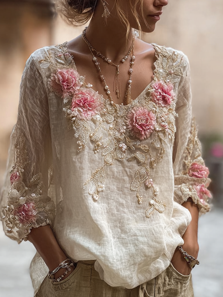 Bohemian Style Round Neck Short Sleeve Three-dimensional Flower Design Women's Thin Top
