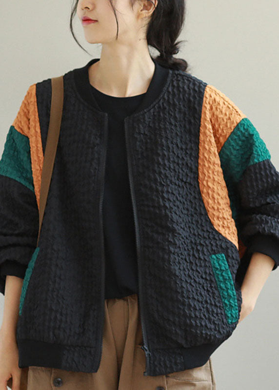 Black Loose Zippered Pockets Fall Jackets