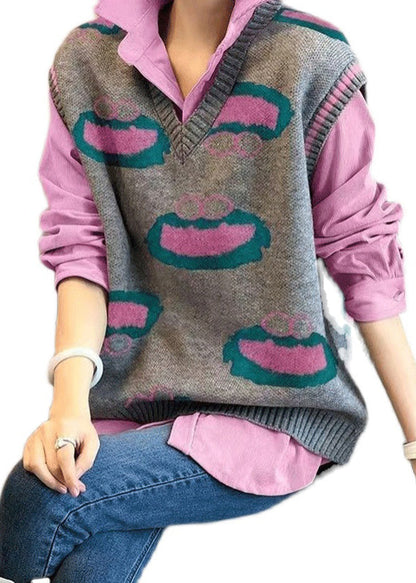 French Rose Peter Pan Collar Shirts and Vest Knit Two Pieces Set Fall