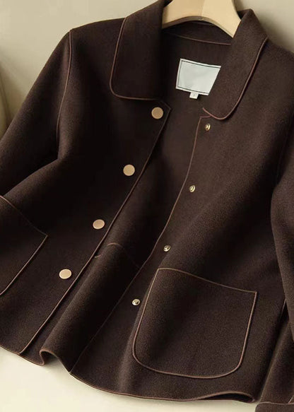 Diy Coffee Peter Pan Collar Pockets Patchwork Woolen Jackets Fall