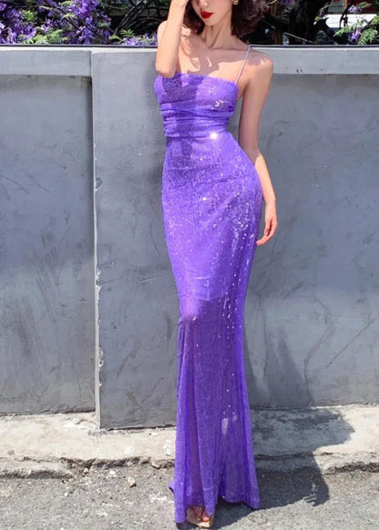 Purple Halter Sequins Side Open Silk Long Vestidos Summer
