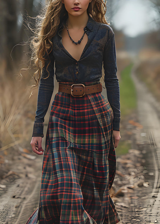 V Neck Plaid Patchwork Cotton Long Dress Spring