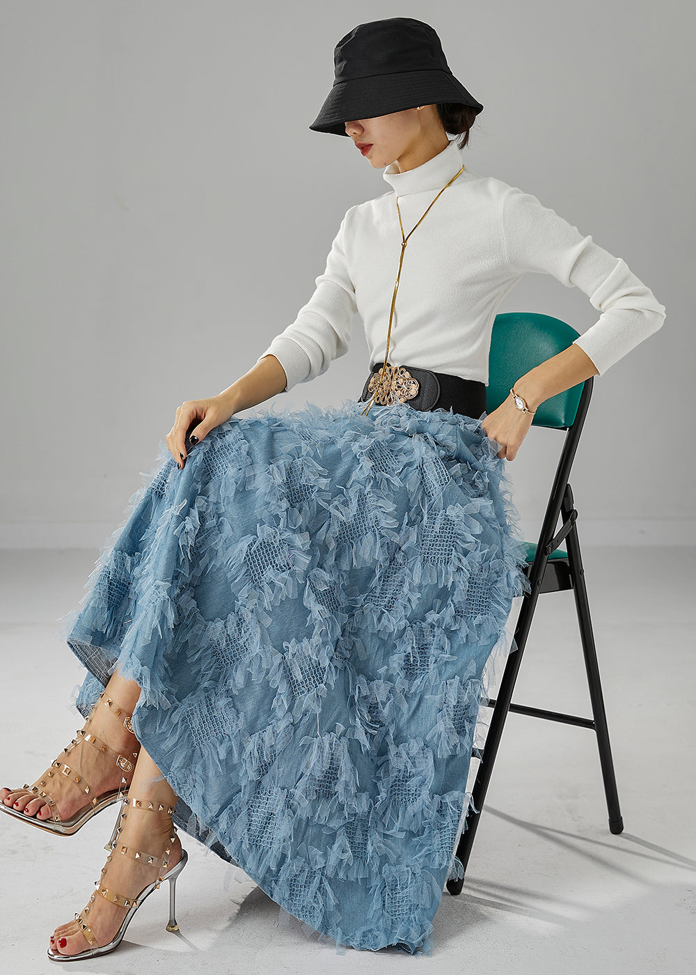 Classy Blue Elastic Waist Exra Large Hem a Line Skirt Fall