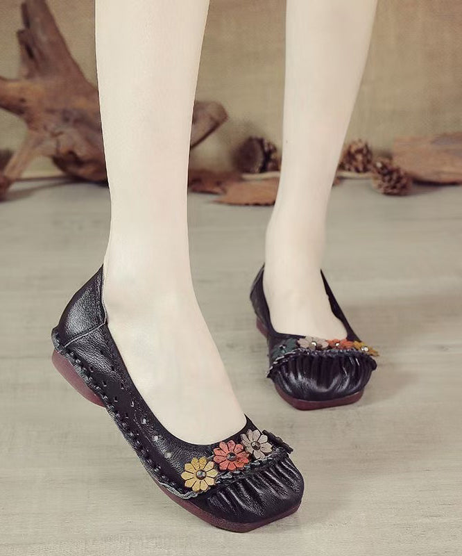 Retro Splicing Flat Feet Shoes Black Cowhide Leather