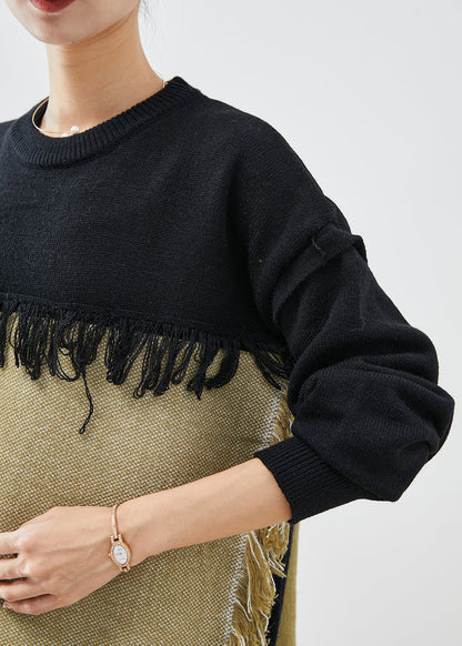 Black Asymmetrical Patchwork Tasseled Knitted Tops Winter