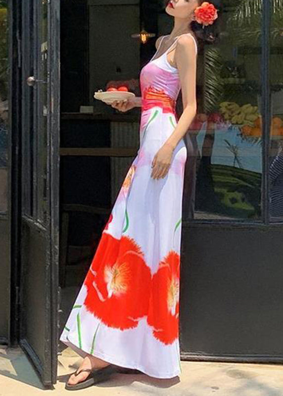 White Print Silk Maxi Spaghetti Strap Dress Sleeveless
