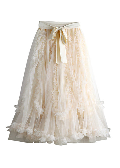 Modern Apricot Ruffled Bow Tie Waist Elastic Waist Tulle a Line Skirts Spring
