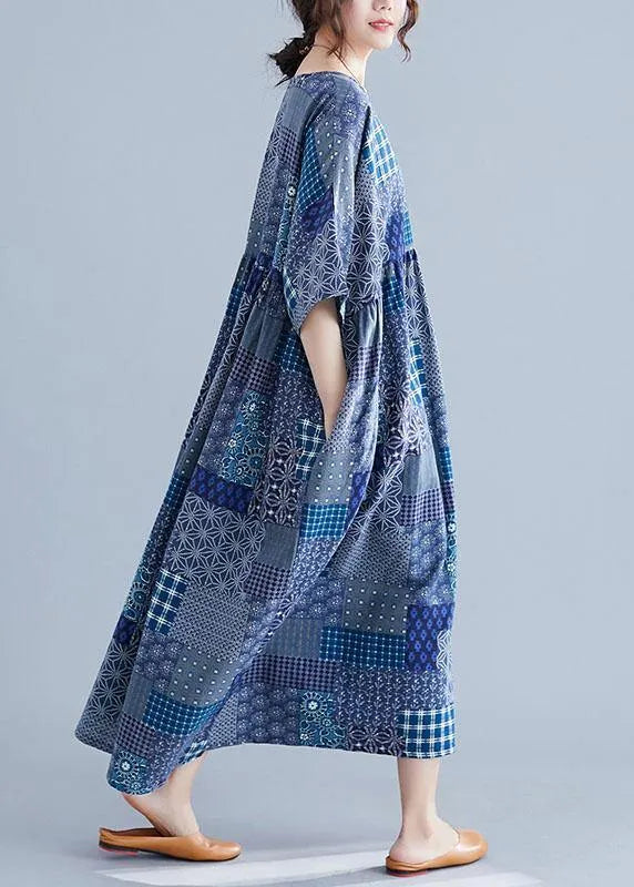 Italian Navy Plaid Linen Cotton Clothes for O Neck Cinched Cotton Dress