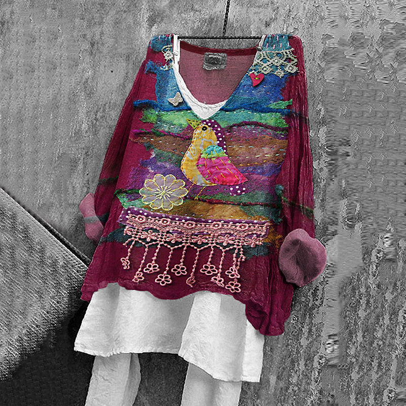 Women's Floral And Bird Art Print Cotton And Linen V-neck Shirt elevenforest