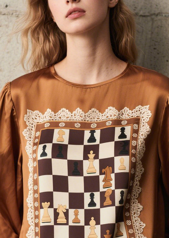 Brown Print Patchwork Silk Shirts Spring
