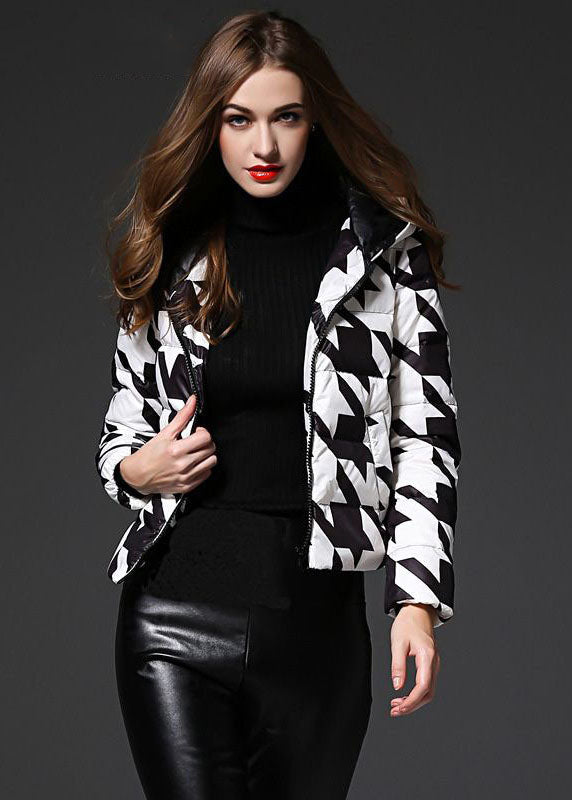 Black White Plaid Hooded Zippered Duck Down Puffer Jacket Winter