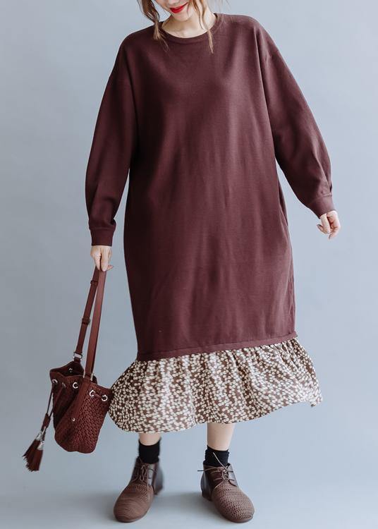 O Neck Asymmetric False Two Pieces Fall Clothes for Outfits Brown Loose Dress