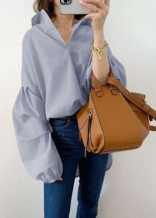 Sky Blue Oversized Cotton Shirt Top Lantern Sleeve