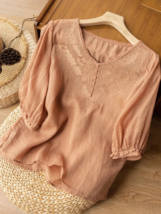 Embroidered V Neck Half Sleeve Linen Top