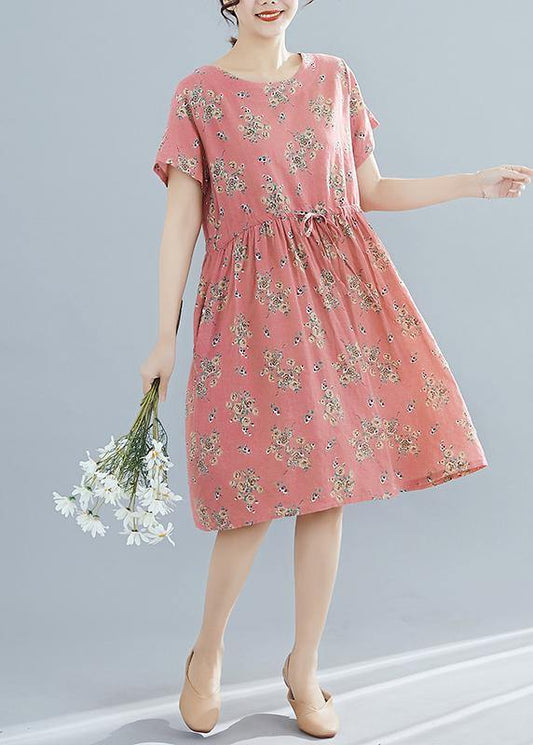 French O Neck Drawstring Chiffon Dress Pink Print Dresses Summer
