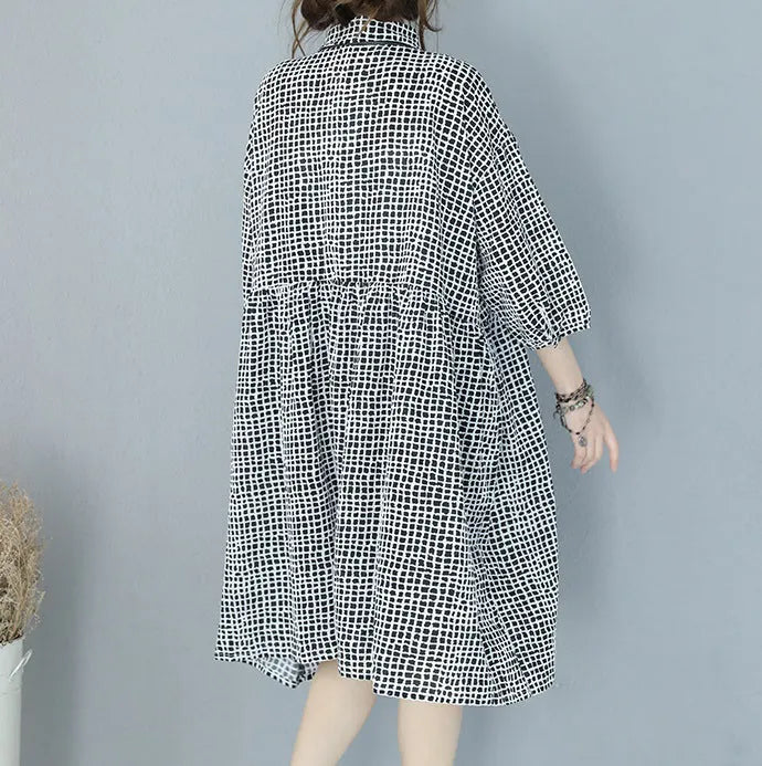 Fine Black Plaid Pure Cotton Dress Clothing Shirt Dress Boutique Lapel Collar Bracelet Sleeved Natural Cotton Dress