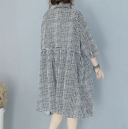 Fine Black Plaid Pure Cotton Dress Clothing Shirt Dress Boutique Lapel Collar Bracelet Sleeved Natural Cotton Dress