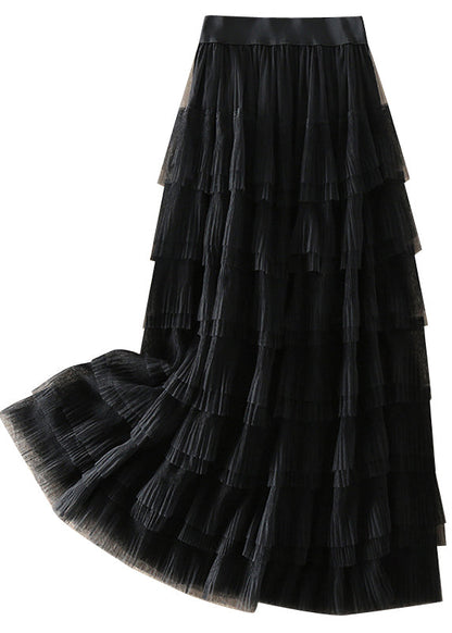 Organic Black Elastic Waist Wrinkled Tulle Skirts Spring