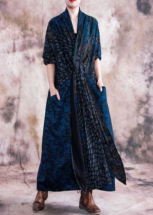 Style V Neck Pockets Outfits Blue Print Loose Dress Fall