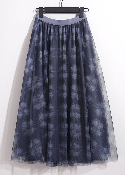 Blue Elastic Waist Print Tulle Skirt Spring
