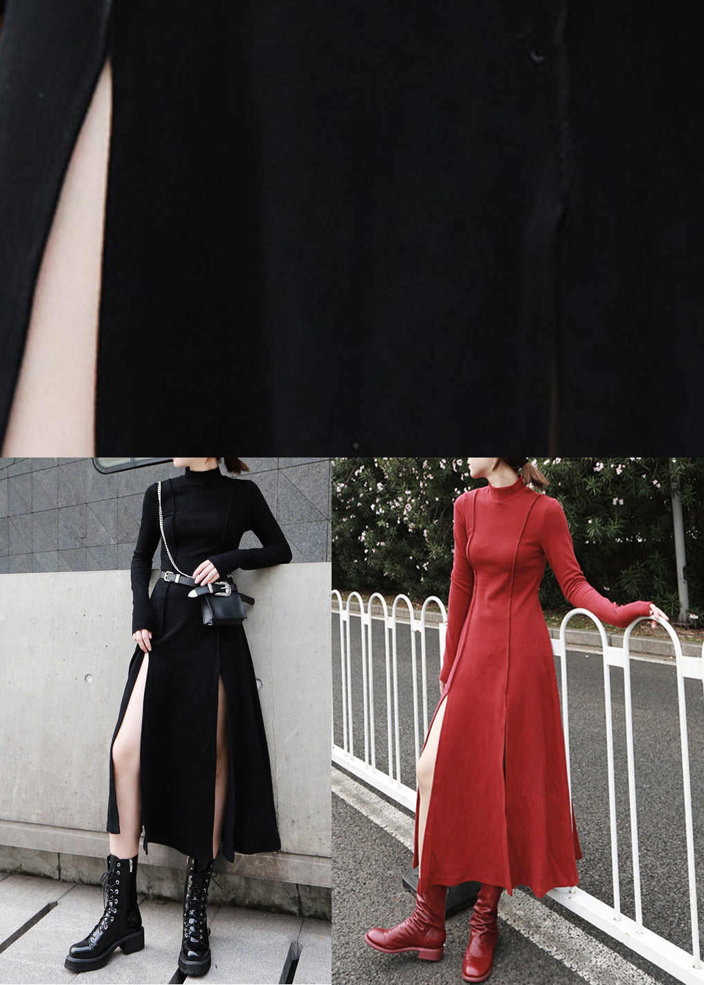 Slim Fit Red Side Open Cotton Long Dress Spring