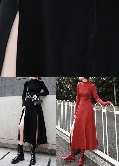 Slim Fit Red Side Open Cotton Long Dress Spring