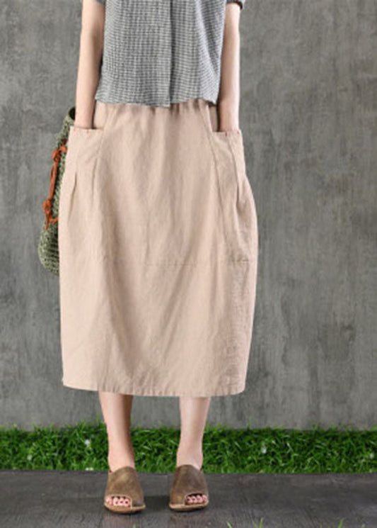 Khaki Elastic Waist Pockets Cotton Linen a Line Skirt Spring