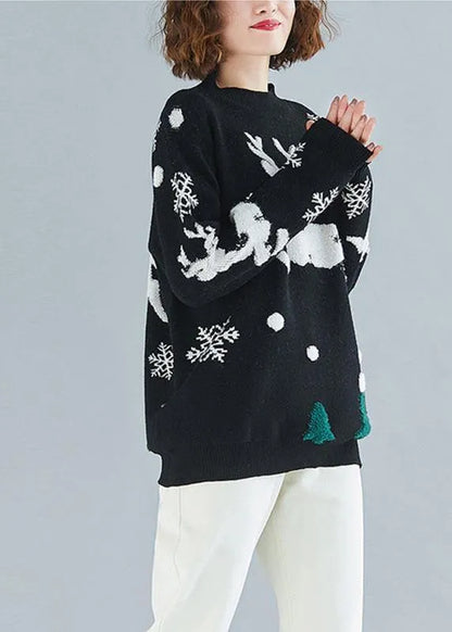 Oversized Spring Black Embroidery Knitted Blouse Loose Fitting O Neck Knitted Clothes