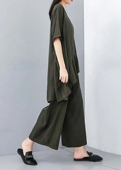 Style Cotton Korea Summer Pure Color Irregular Blouse and Wide Leg Pants