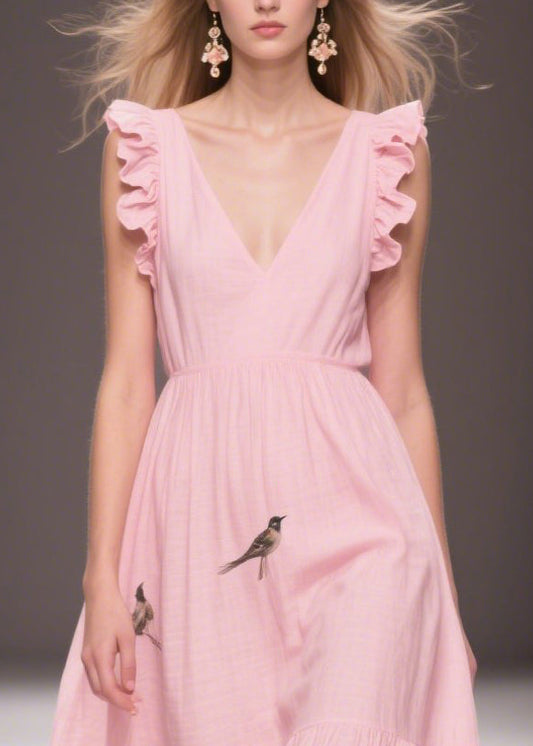 Pink Print Cotton Holiday Dress Butterfly Sleeve