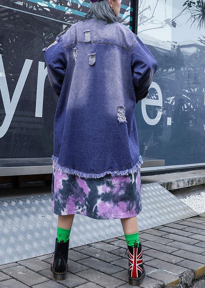 Style Denim Blue Patchwork Fine Tunics for Fabrics Ripped Fall Jackets