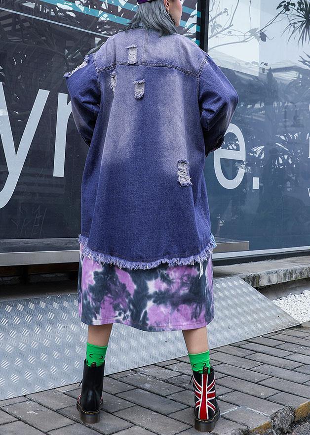 Style Denim Blue Patchwork Fine Tunics for Fabrics Ripped Fall Jackets