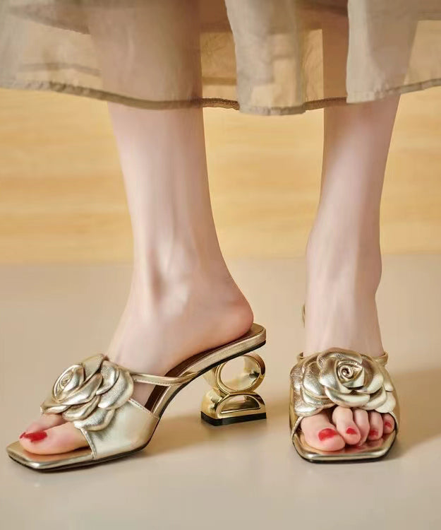 Stylish Gold Chunky Heel Slide Sandals Peep Toe