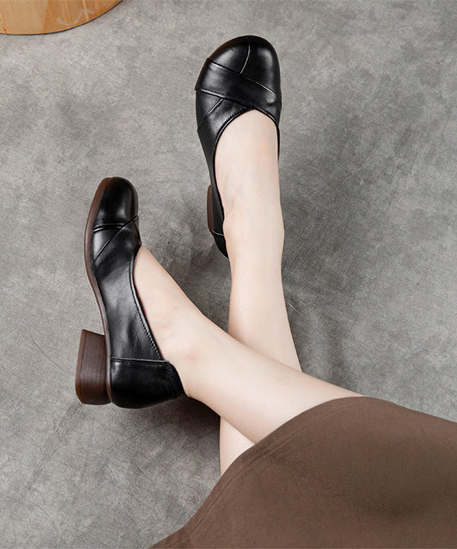 Cross Strap Chunky Flat Shoes for Black Cowhide Leather