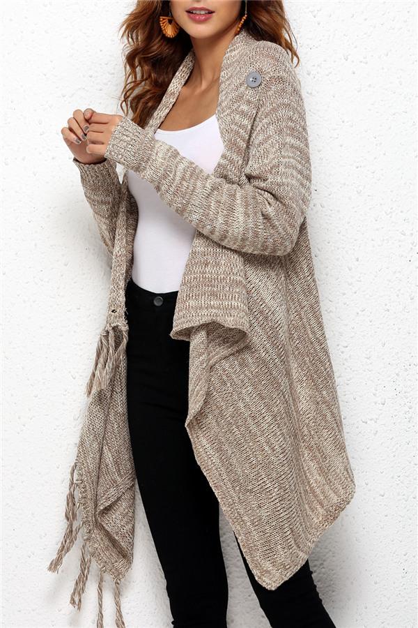 Tassel Asymmetrical Hem Shawl Speckled Fringe Cardigan - Khaki