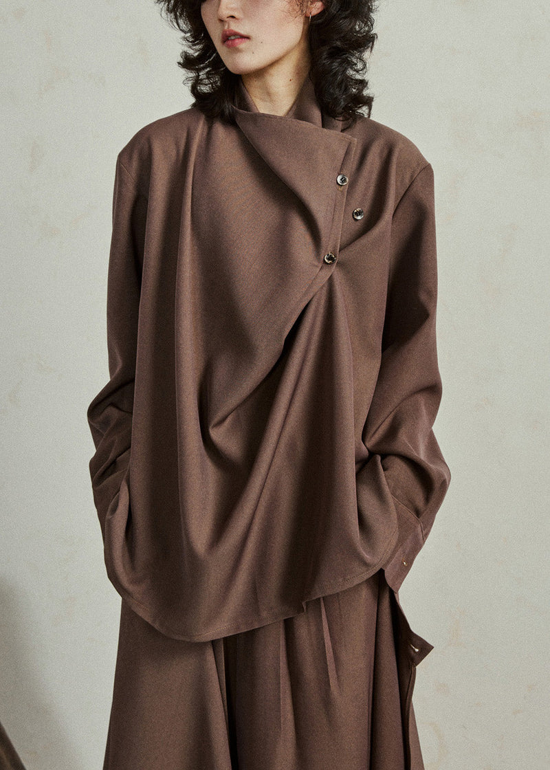Fine Coffee Asymmetrical Button Shirt Lantern Sleeve