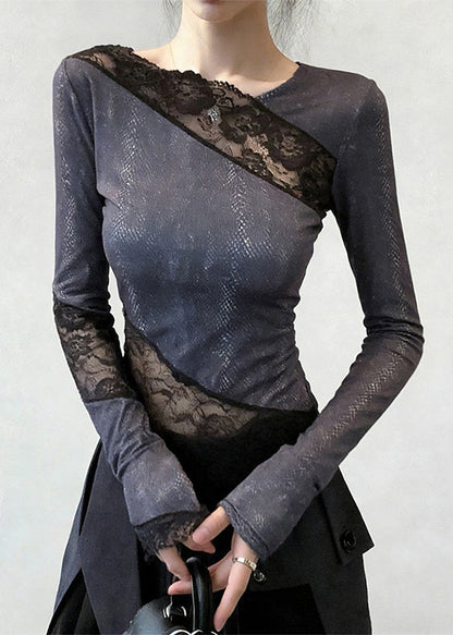 Stylish Grey Asymmetrical Lace Patchwork T Shirts Spring