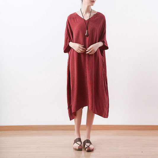 Stylish Red Silk Dresses Asymmetric Patchwork Striped Silk Gown Fine V Neck Silk Caftans