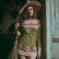 Women's Vintage Halloween Rose Pattern Cozy Knit Mini Sweater Dress artswardrobe