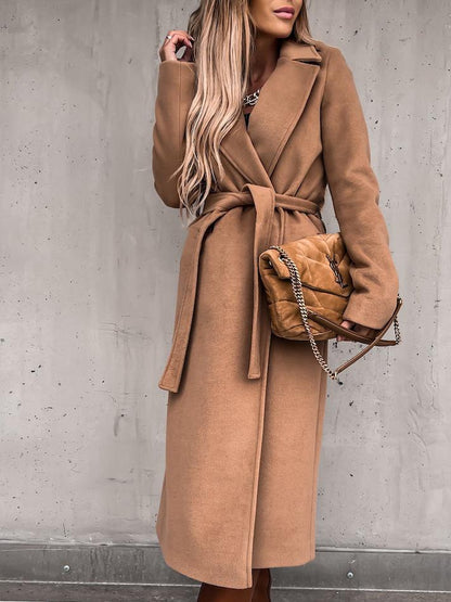 Coats Simple Lapel Belted Long Sleeve Woolen Coat