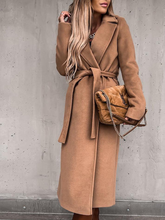 Coats Simple Lapel Belted Long Sleeve Woolen Coat
