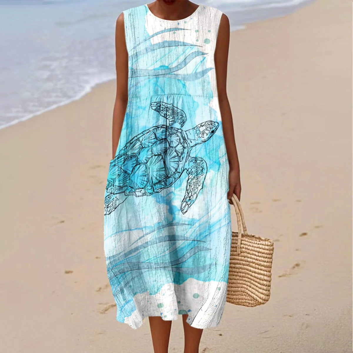 Women's Vintage Sea Turtles Art Print Cotton Casual Dress elevenforest